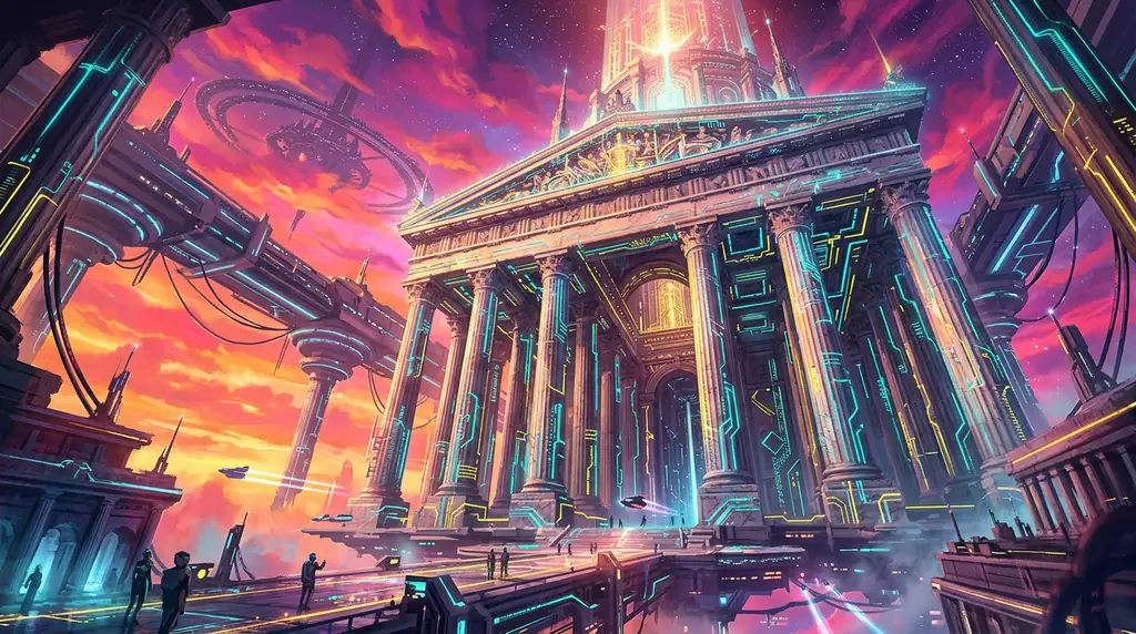 Digital Mount Olympus floating in a neon sky